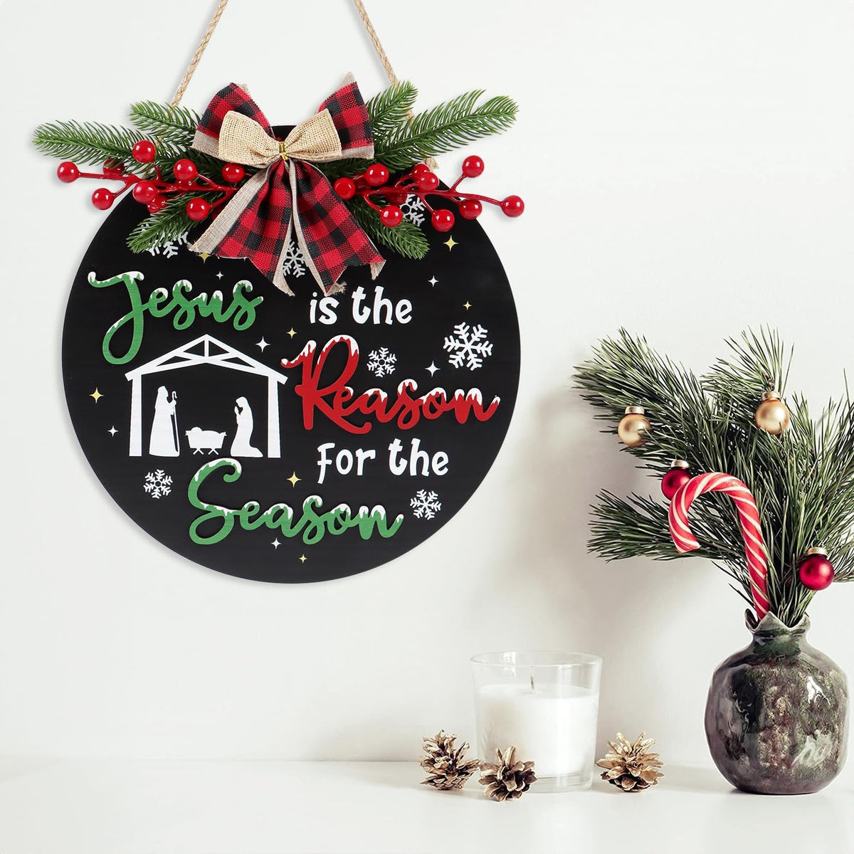 CHDITB Jesus is The Reason for The Season Front Door Sign Wreath(11.4"), Red Green Christmas