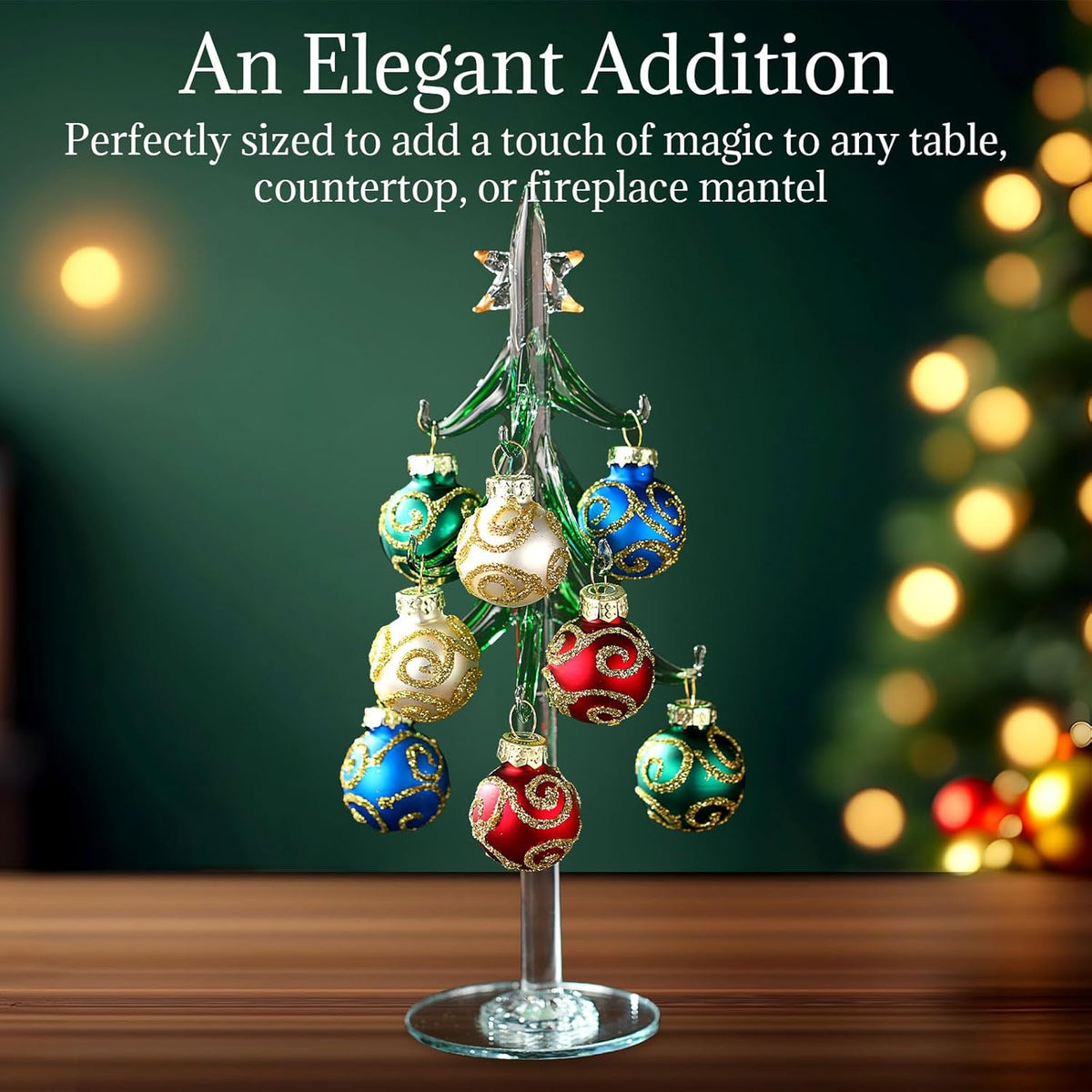 Glass Christmas Tree with 12 Ornament Glitter Balls Tabletop Wine Glass Charms Miniature Christmas