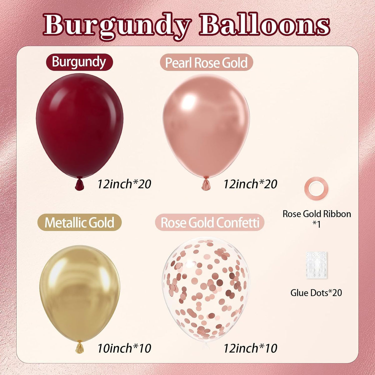 60pcs Burgundy and gold Balloons 12inch with Maroon Pearl Rose Gold Confetti Metallic Gold Balloons