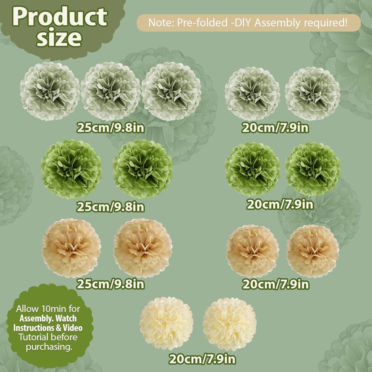 Sage Green Tissue Paper Pom Pom Flowers Decorations 15 PCS Olive Green Paper Flowers for Wall