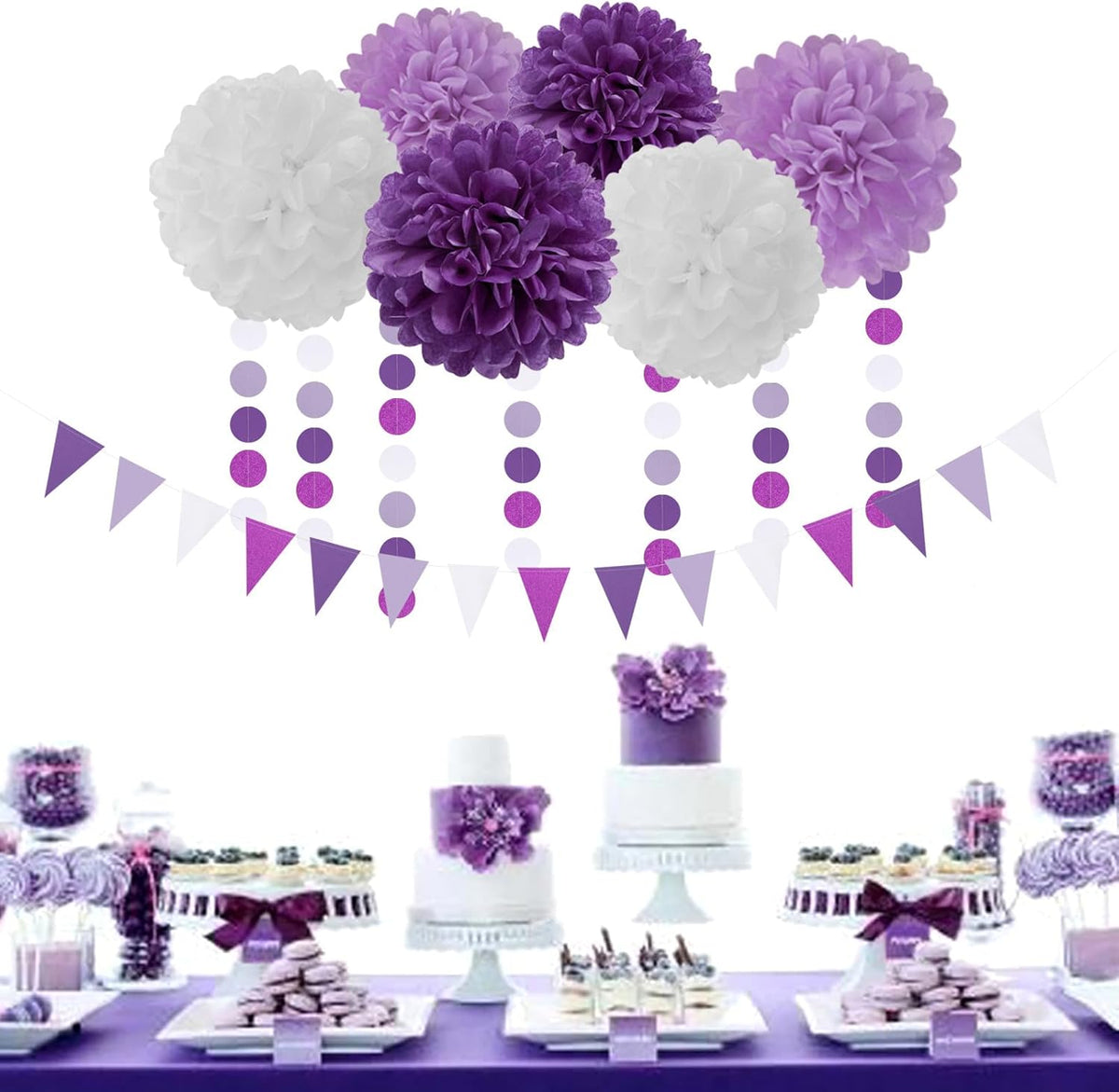 Purple White Lavender Party-Decorations Streamers - 28pcs Tissue Pom Poms,Women Girl Birthday