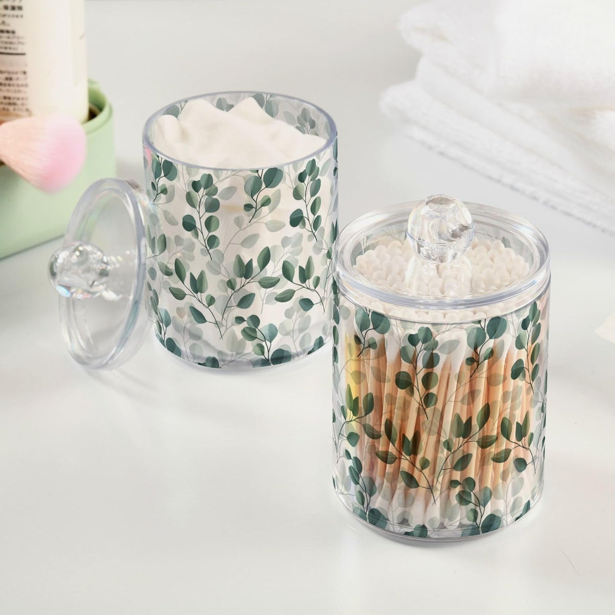 Qtip Holder Dispenser 2 Pack Green Watercolor Floral Leaves Apothecary Jars with Lids Bathroom