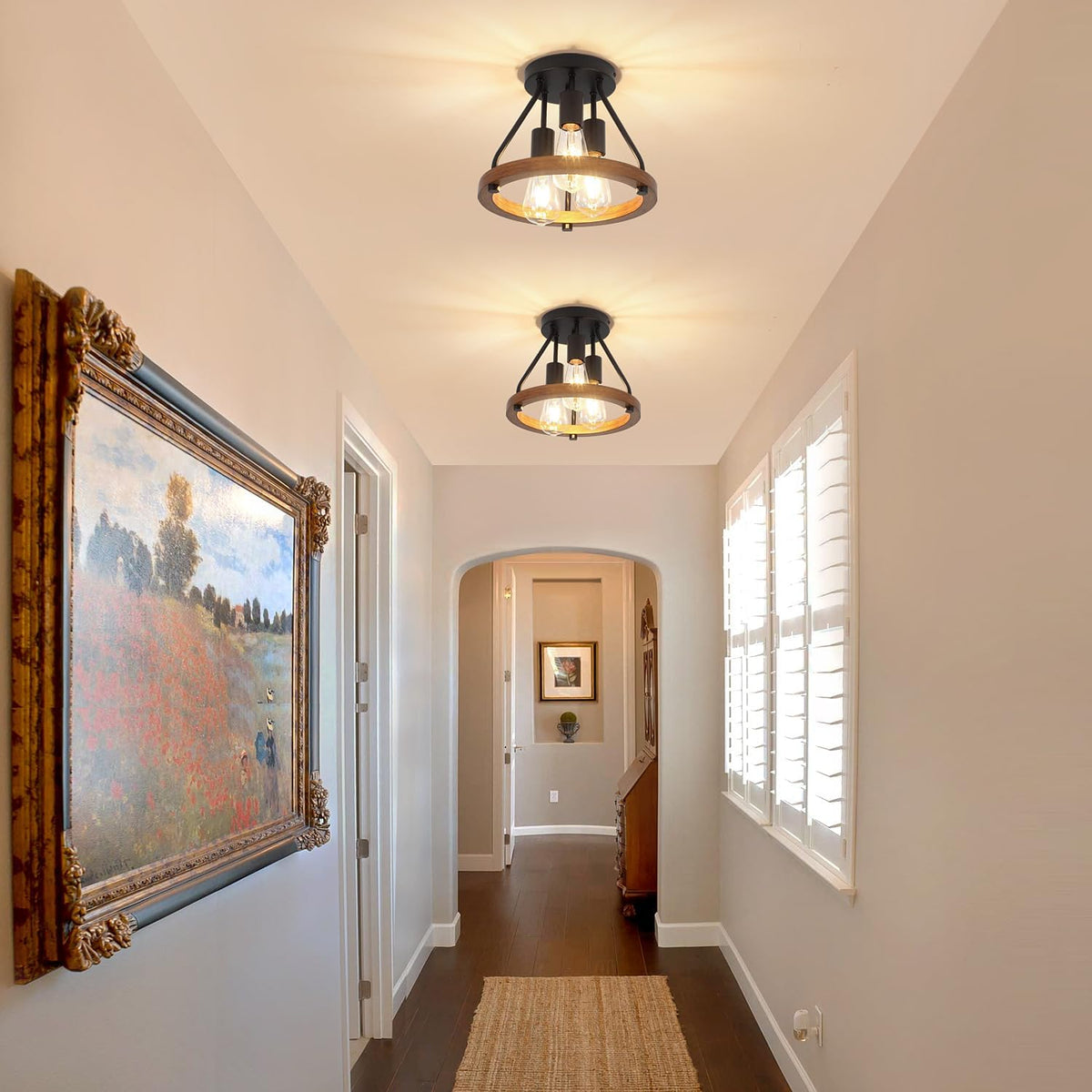 Modern Farmhouse Wood Semi Flush Mount Ceiling Light, Hallway Entryway Light Fixtures, 3-Light