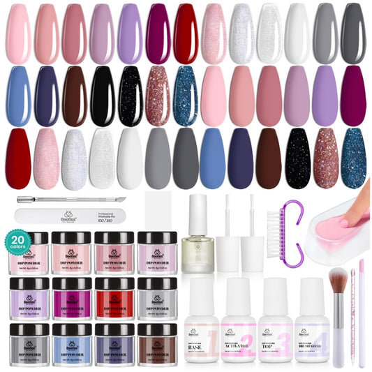 Beetles Dip Powder Nail Kit Starter, 20 Colors Nude Pink Blue Glitter Dipping Powder Set with Base