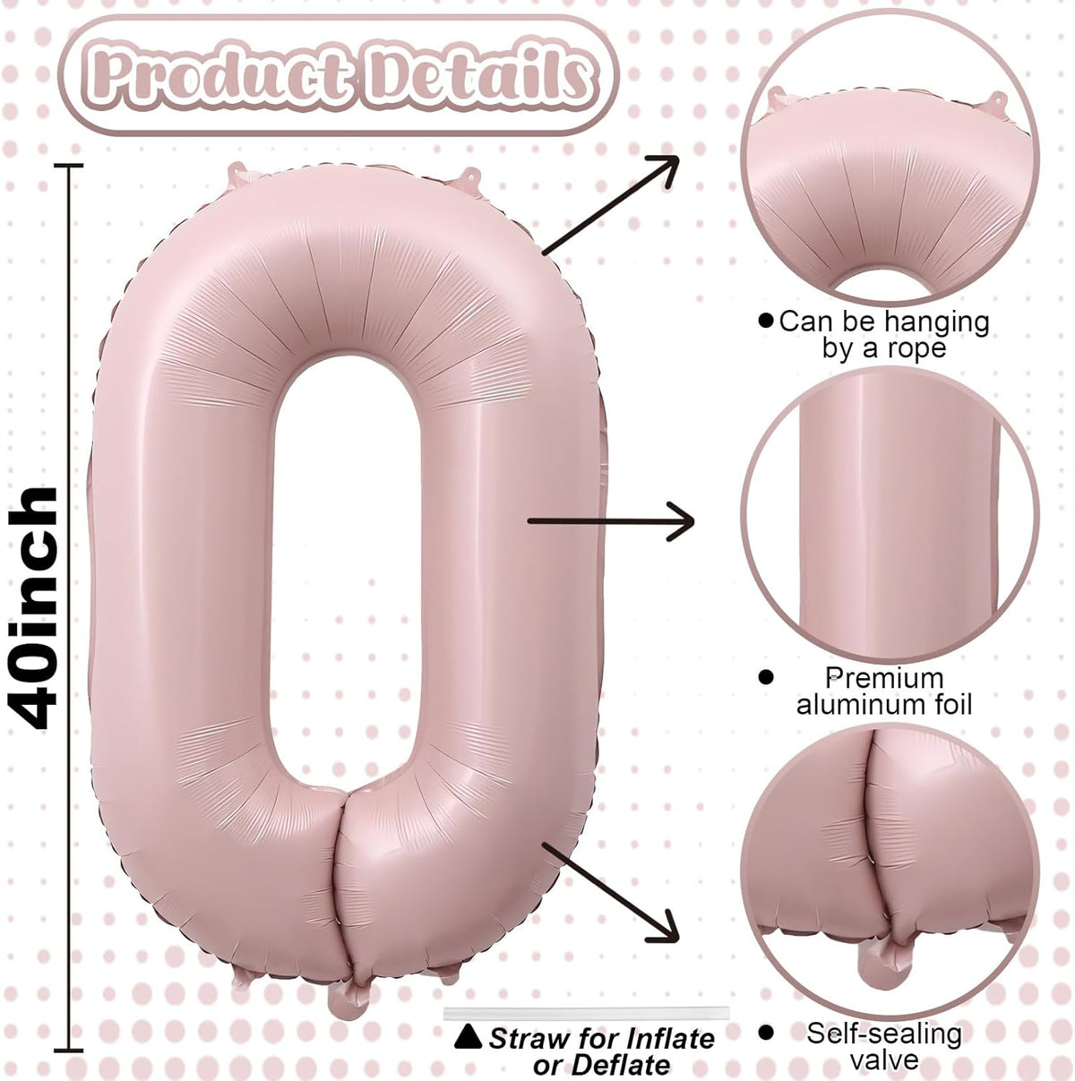 40 Inch Balloon Number 0 Pastel Pink, Large Foil Dusty Retro Pink Number Balloons Set 0-9 for