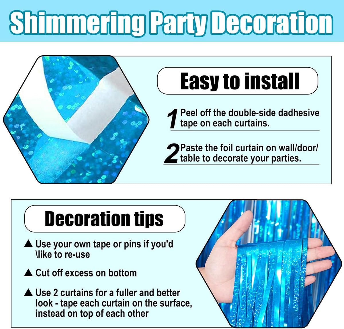 3 Pack Lake Blue Foil Fringe Curtain Backdrop, 3.28Ft x 8.2Ft Metallic Tinsel Foil Fringe Streamer
