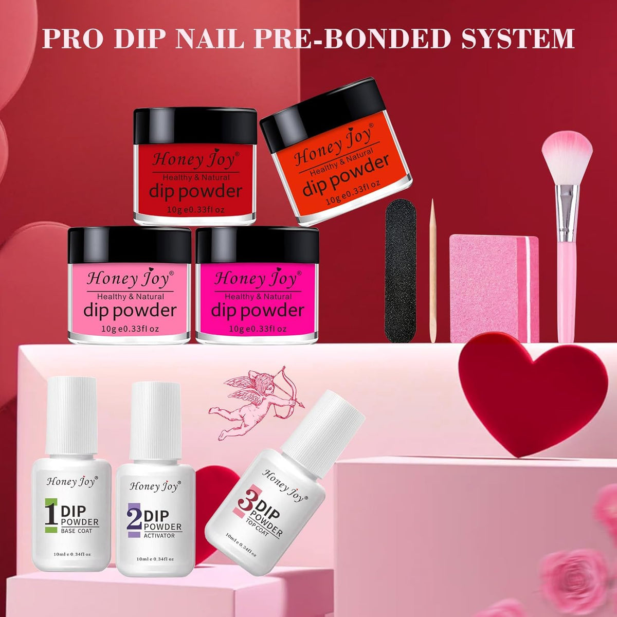 Honey Joy Dip Powder Nail Kit Starter, 4 Colors Dark Red Hot Pink Fine Dipping Powder Liquid Set
