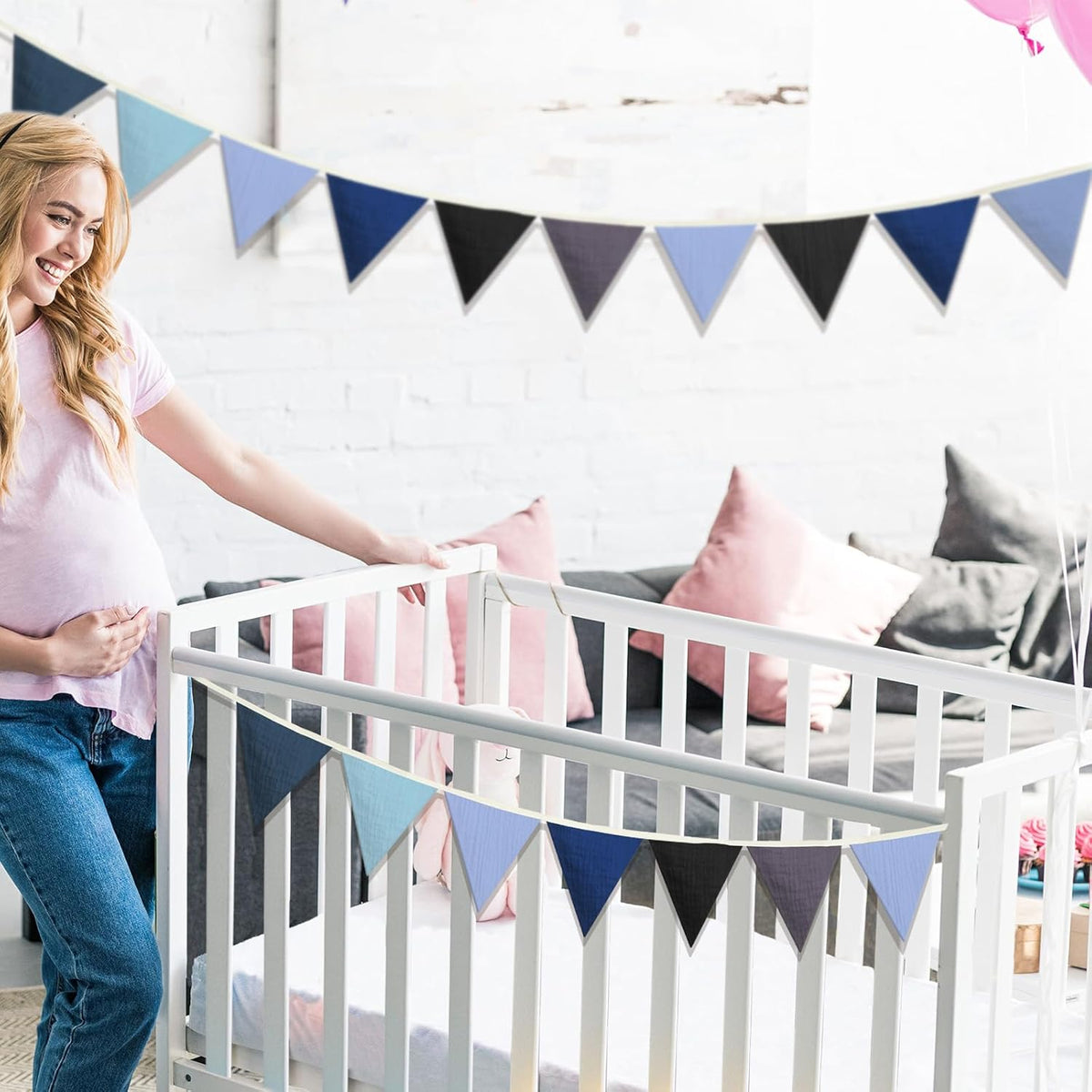 Oudain 15.5 ft Pennant Banner Flags, 2 Pcs Nursery Garland Triangle Bunting Flag Baby Banner for