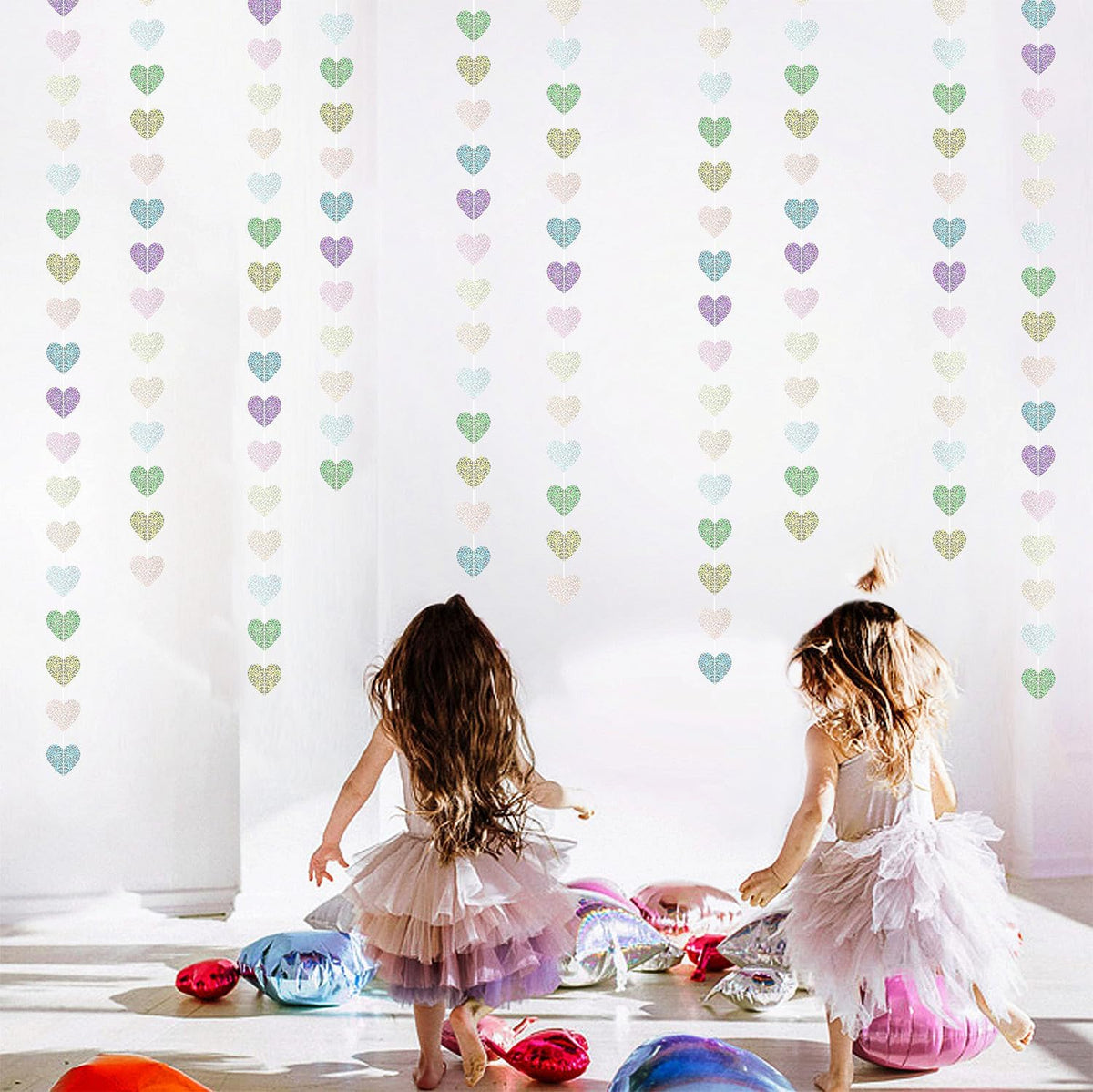 Iridescent Disco-Holographic Party-Decorations Heart Streamers-Garland - 52ft Glitter Dance Hanging
