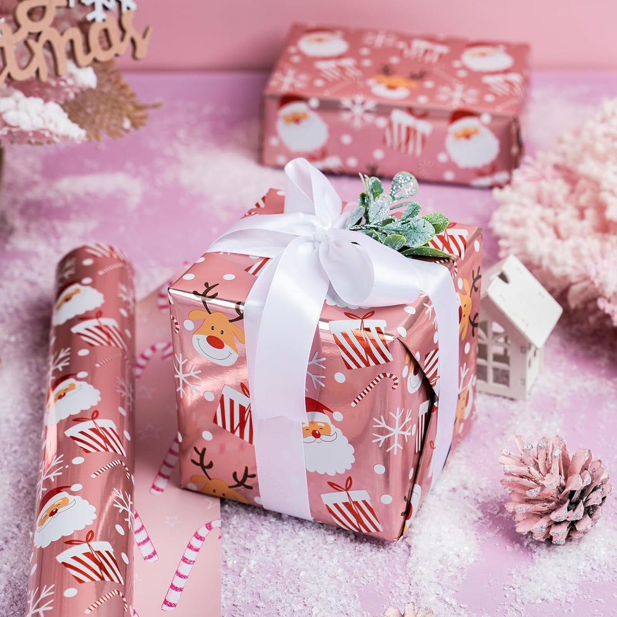 LeZakaa Christmas Pink Wrapping Paper Mini Roll, Santa Claus & Candy Cane, Metallic Foil, Rose Gold