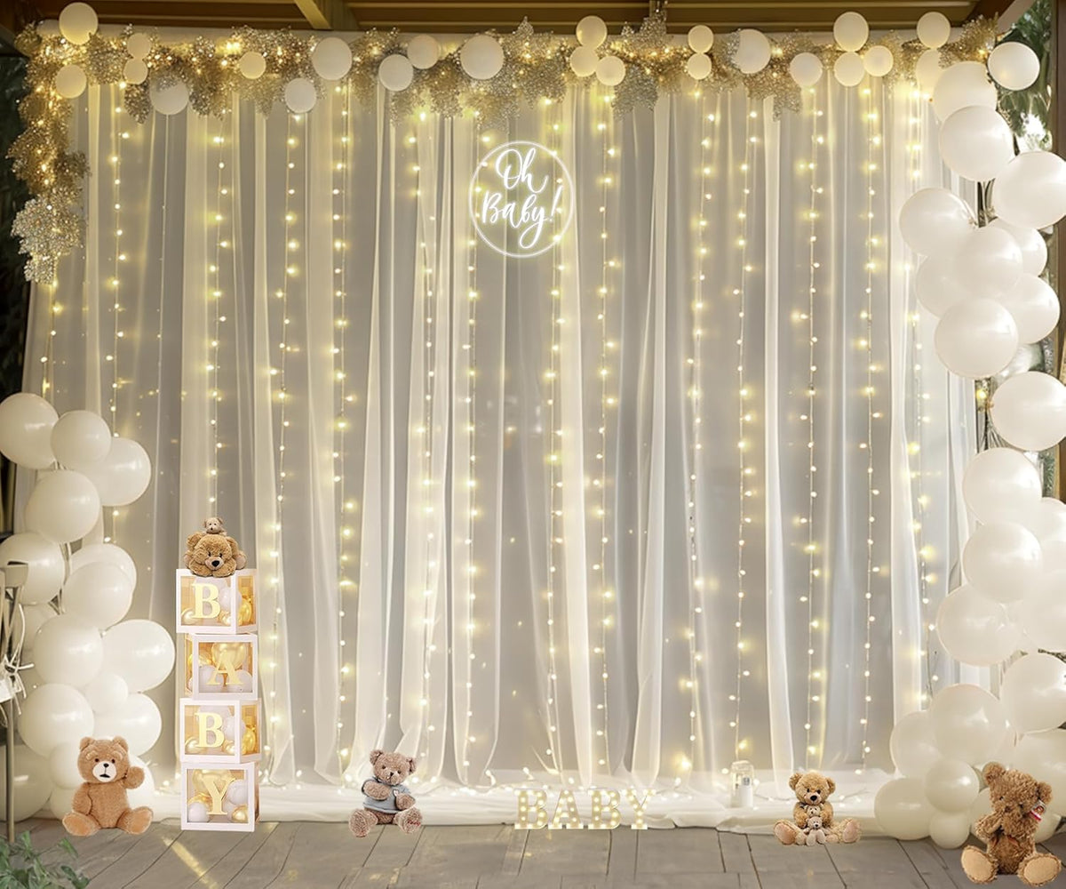 Ivory Tulle Backdrop Curtains with Lights String for Parites Wedding 20×8ft Ivory Sheer Backdrop
