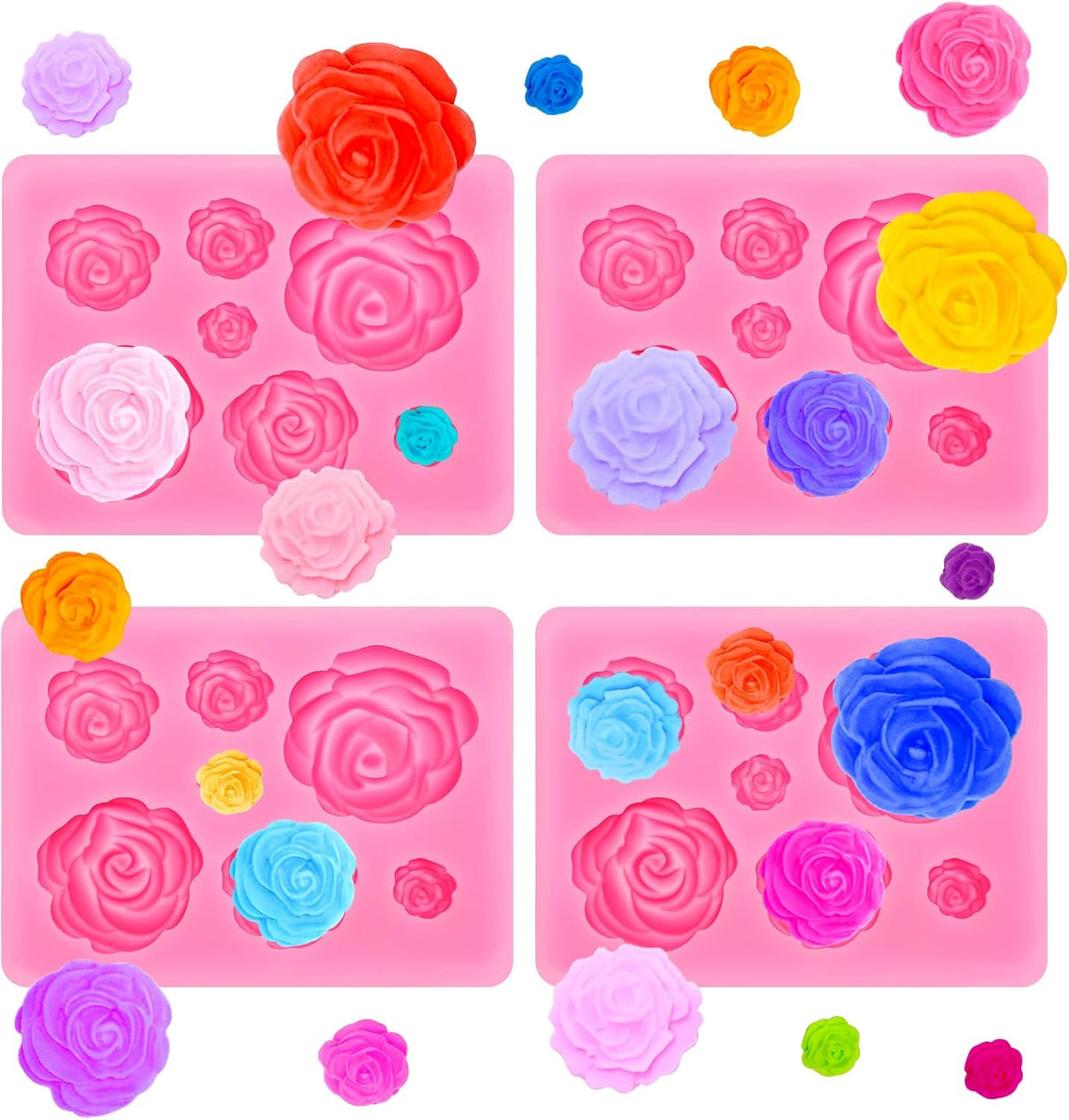 4 Pcs Rose Flower Silicone Molds, Fondant Cake Flower Mold Silicone Polymer Clay Molds Rose Clay