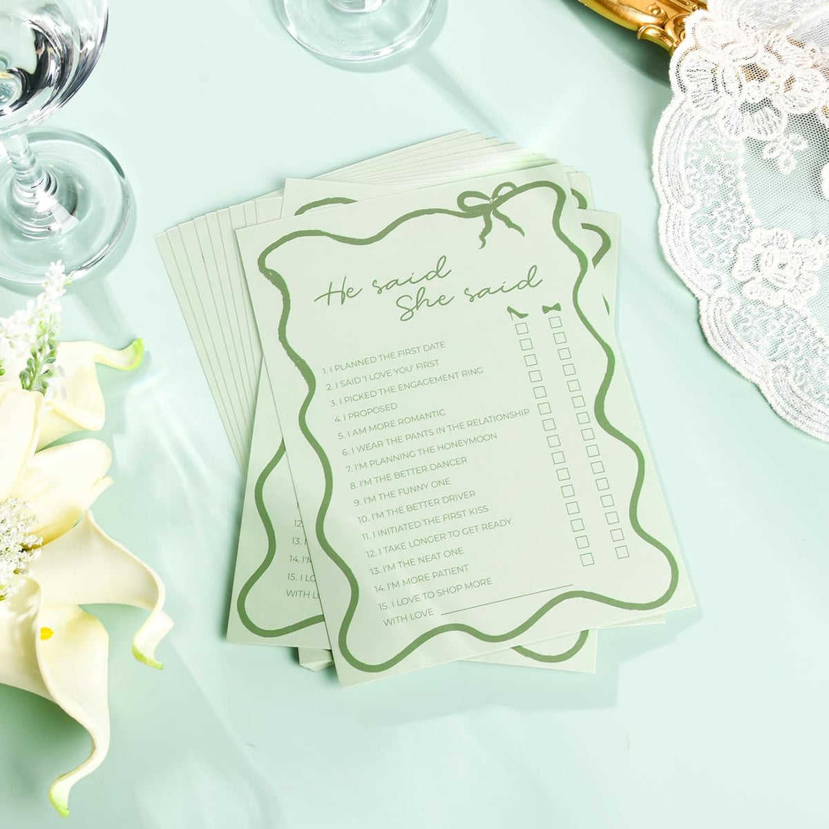 DEEKA 30 PCS Bridal Shower Games Card for 30 Guests Sage Green Wavy Border Ribbon Bow Funny Wedding