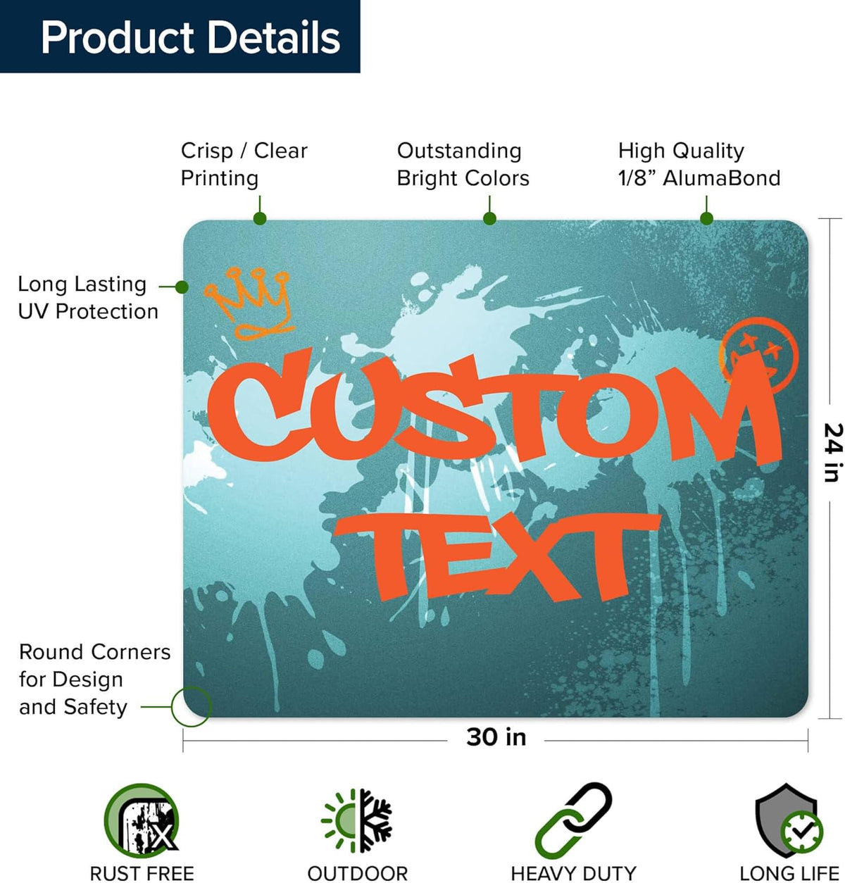 Custom Sign, Custom Street Sign, 11 Font Colors, 13 Font Styles, 4 Hole Options, 22 Sizes, 24x30
