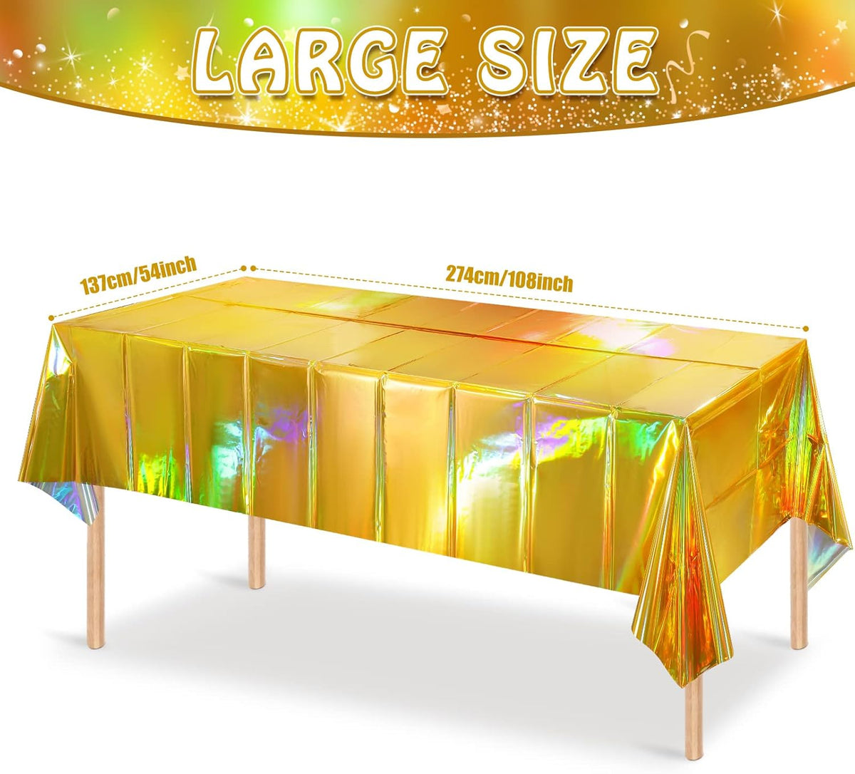 8 Pack Gold Iridescent Plastic Tablecloths Shiny Disposable Laser Rectangle Table Covers