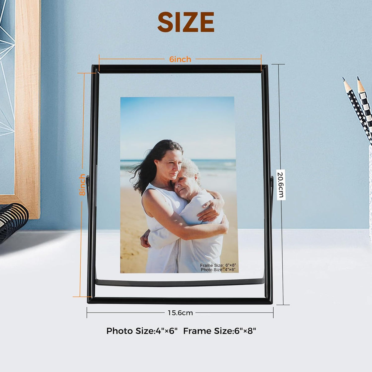 Black Floating Frame (6"x8", Vertical), For Picture 5x7, 4x6, 3x5, Tabletop Shelf Photo Frame