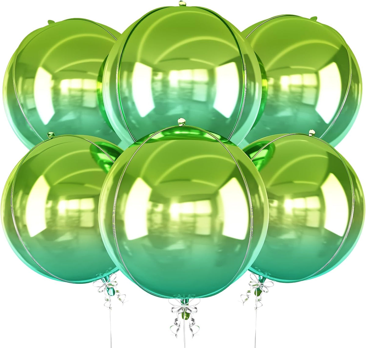 6Pcs Gradient Green Round Foil Balloons, 22" Large Helium Ball Mylar Balloon, Metallic Green Foil