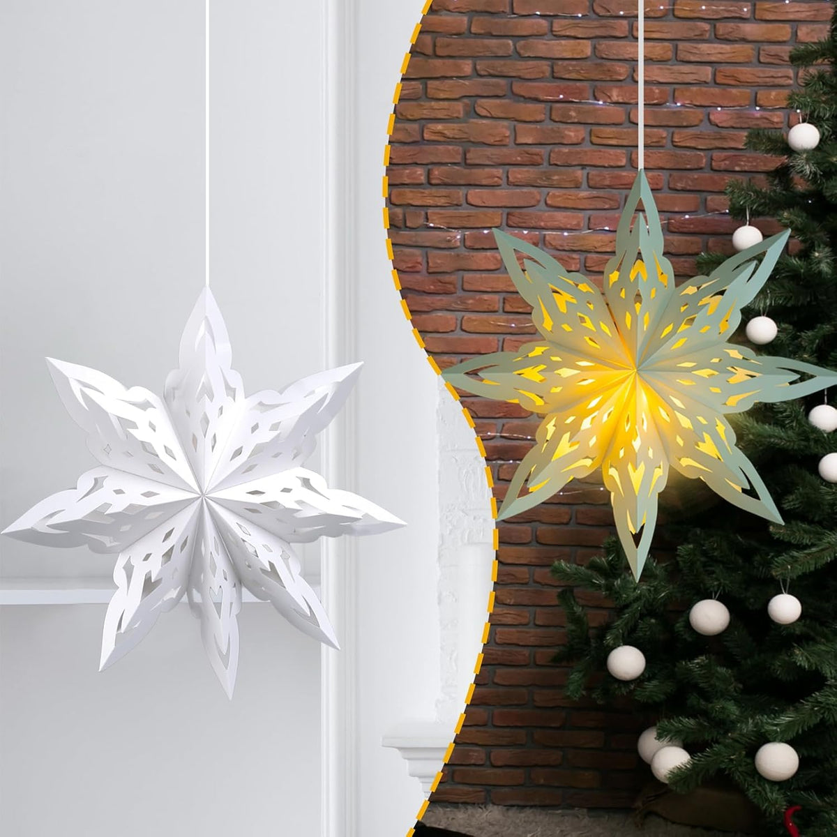 5 Pack Christmas Paper Snowflake Lanterns, Christmas Paper Star Lantern with LED Light White
