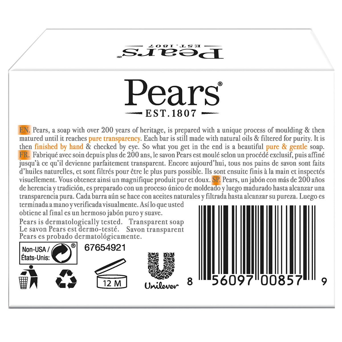 Pears Glycerin Soap, Transparent Amber with Natural Oils, 24-Pack – Pure & Gentle Cleanser for