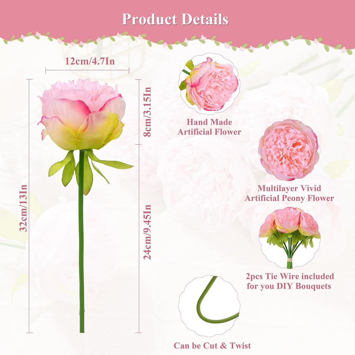 U'Artlines 2 Bouquet 10 Heads Artificial Peony Silk Flower Leaf Home Office Wedding Party Festival