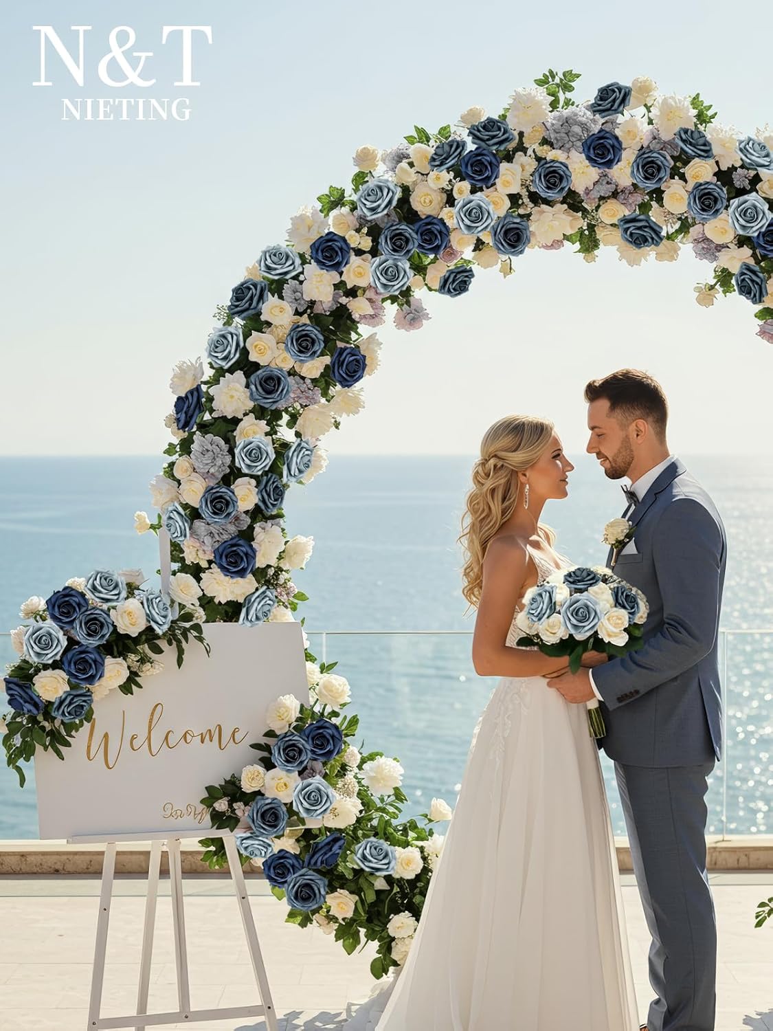 N&T NIETING Dusty Blue Fake Roses,50pcs Artificial Flowers Faux Flowers Fake Flowers for DIY