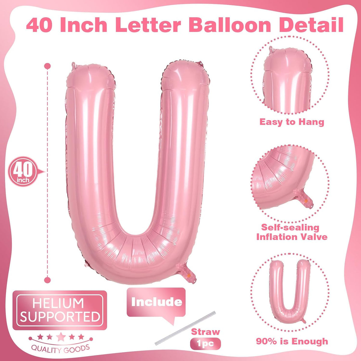 40 Inch Pastel Pink Letter Balloon U, Giant Custom Alphabet U Foil Balloon Baby Pink, Mylar