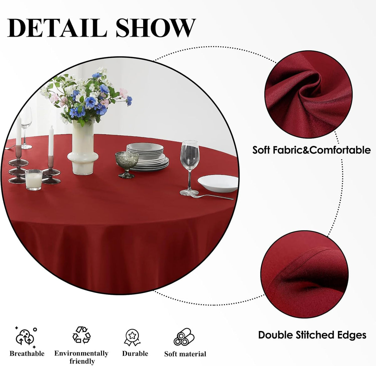 Round Tablecloth 120 Inch Tablecloth 6 Pack Red Table Cloths Washable Decorative Linen Polyester