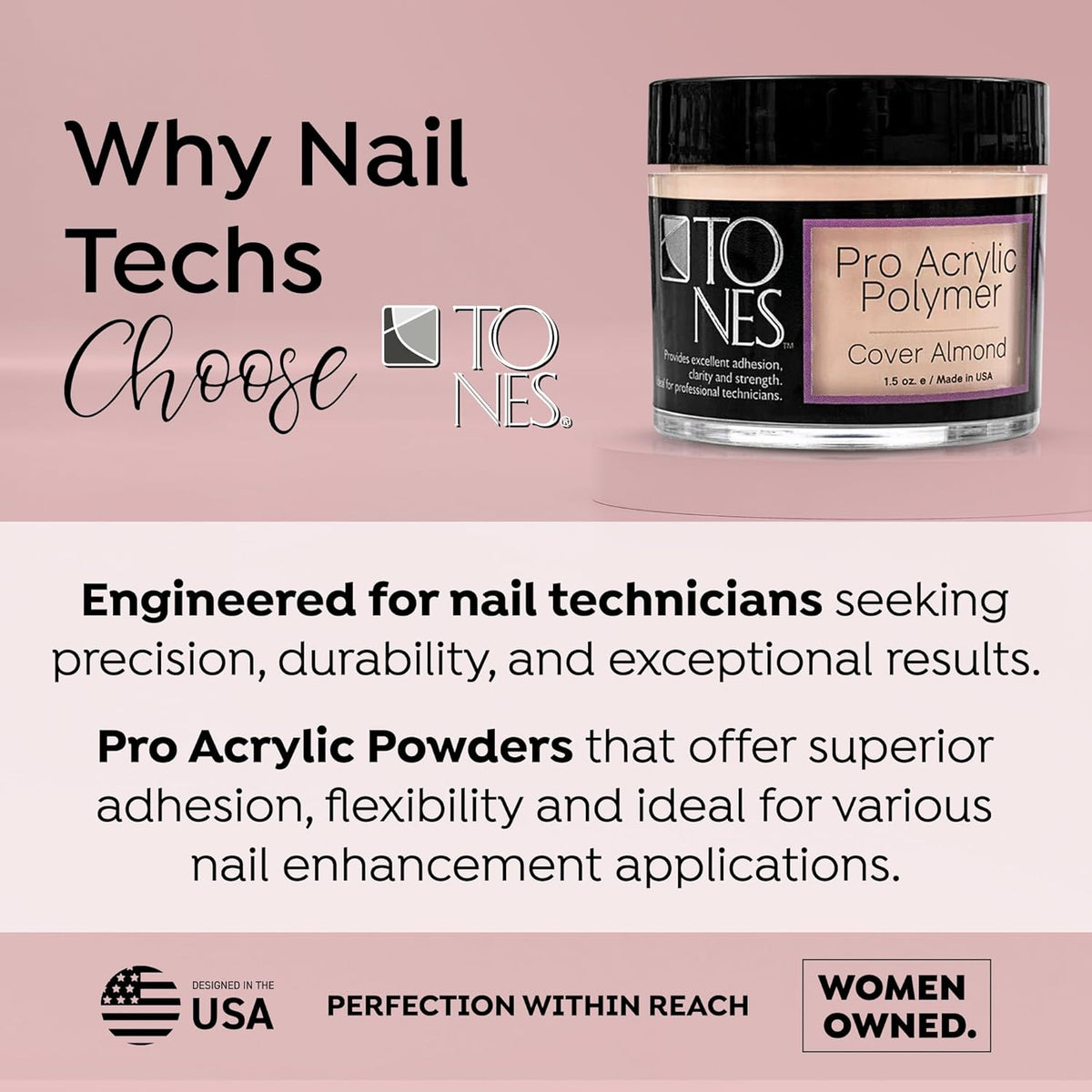 Tones Pro Acrylic Nail Powder, Cover Almond (Soft Nude Beige), (8.5 Fl Oz) - Long-Lasting &