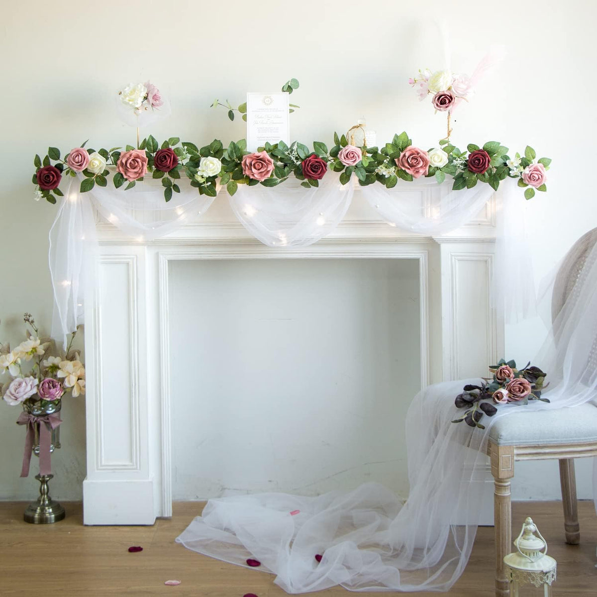 PONATIA 5FT Burgundy Artificial Flowers Garland, Dusty Rose Flowers Garland for Wedding Ceremony
