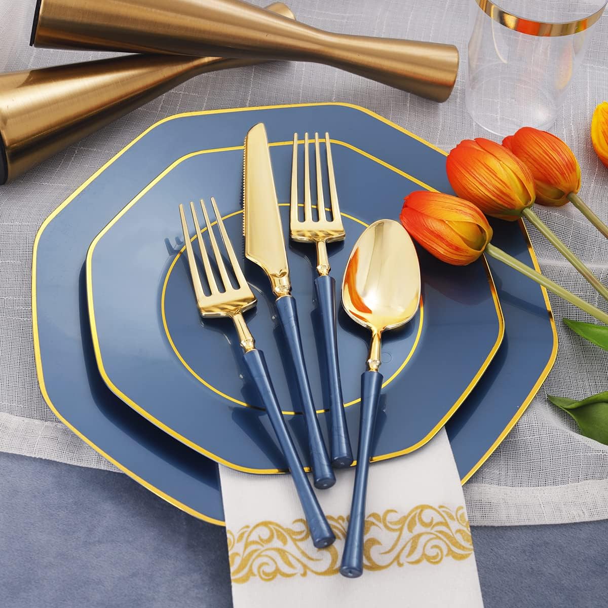 KIRE 140Pcs Blue Plastic Plates with Gold Rim - Gold Disposable Plastic Silverware with Blue