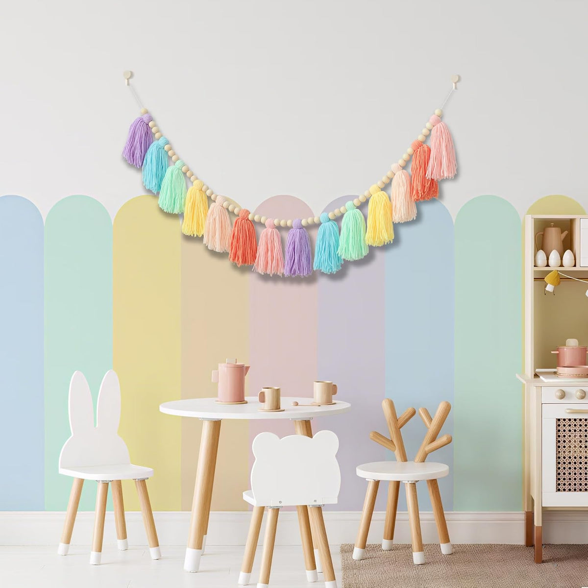 Pastel Rainbow Boho Tassel Garland Wall Hanging with Wood Beads for Baby Shower Birthday Party
