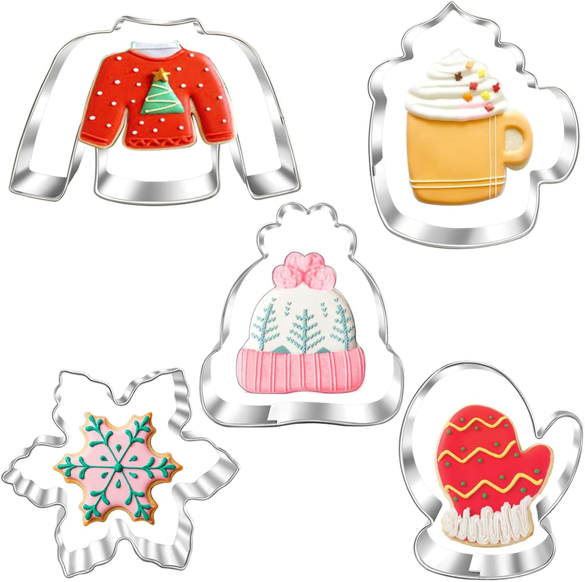New Winter Christmas Cookie Cutter Set-5 Piece-Ugly Sweater, Hat, Mitten, Snowflake, Coffee Mug