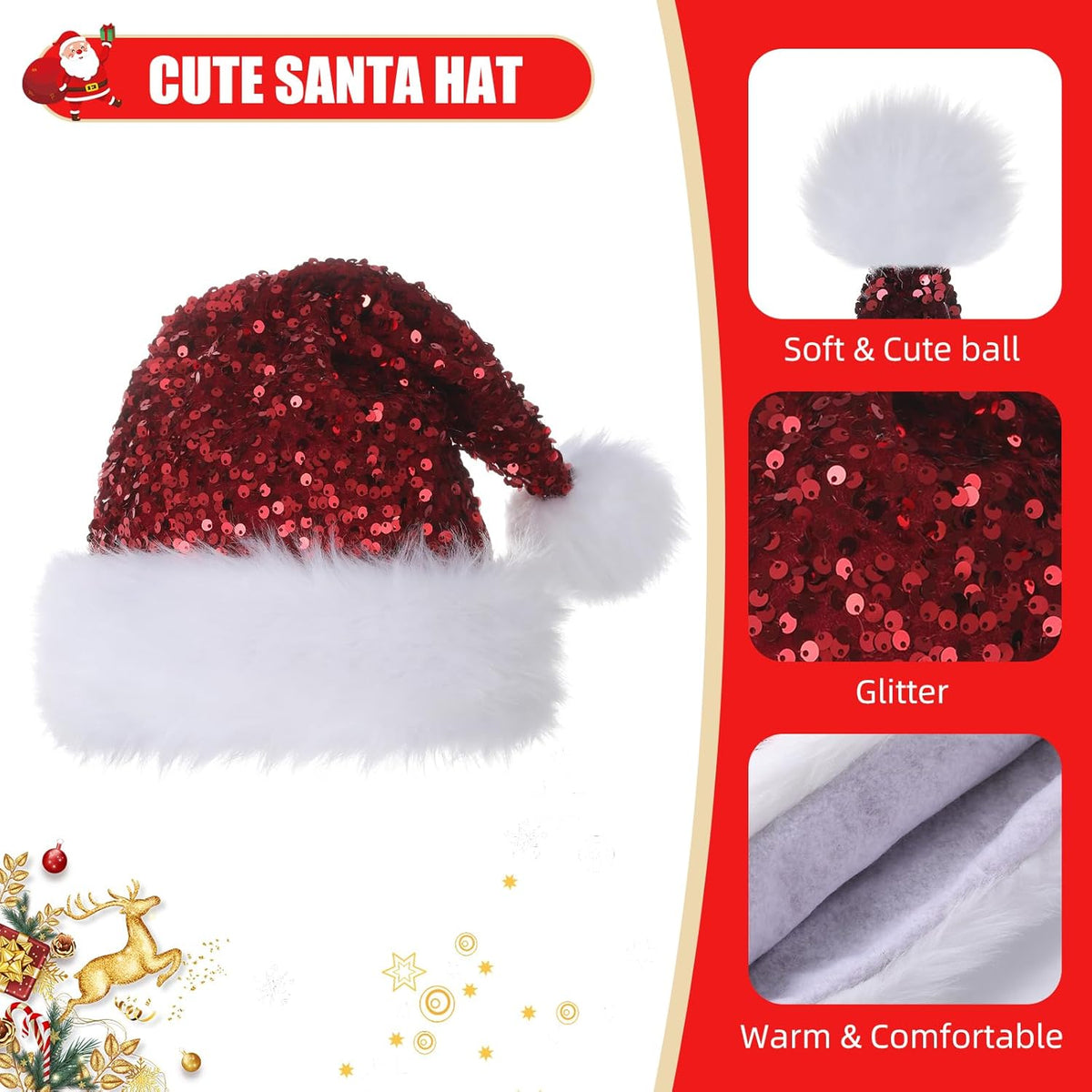 Personalized Sequin Santa Hat for Adults, Red Glitter Christmas Party Hat, Xmas Halloween New Year
