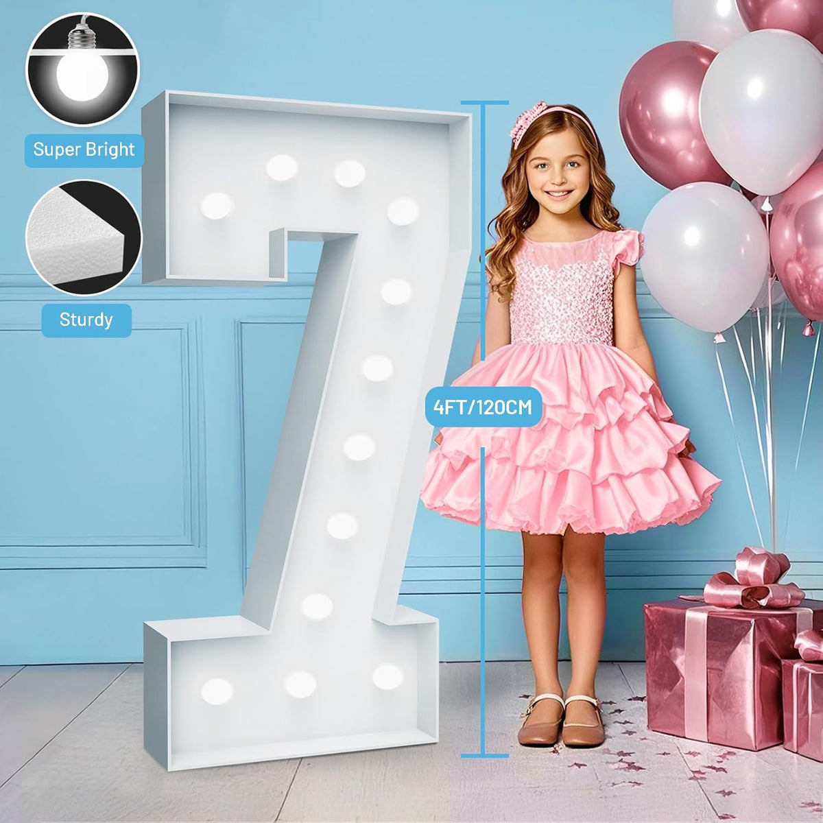4FT Marquee Light Up Numbers - Cool White Light Up Numbers 7 with Fixed Water Bag, Party Decoration