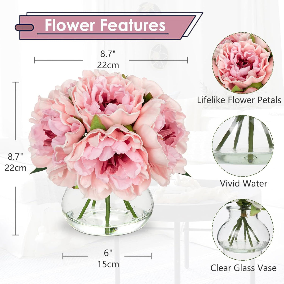 Hollyone Light Pink Peonies Artificial Flowers with Vase Faux Flowers Peony Fake Flowers Silk