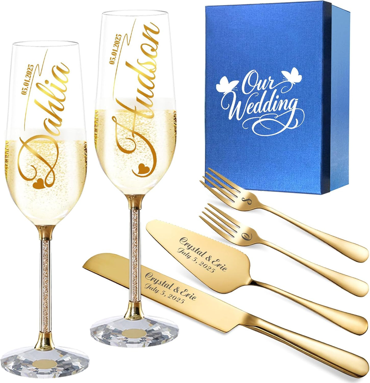 HJX Personalized Wedding Cake Knife and Server Set with Champagne Flutes, Custom Name Text Toasting