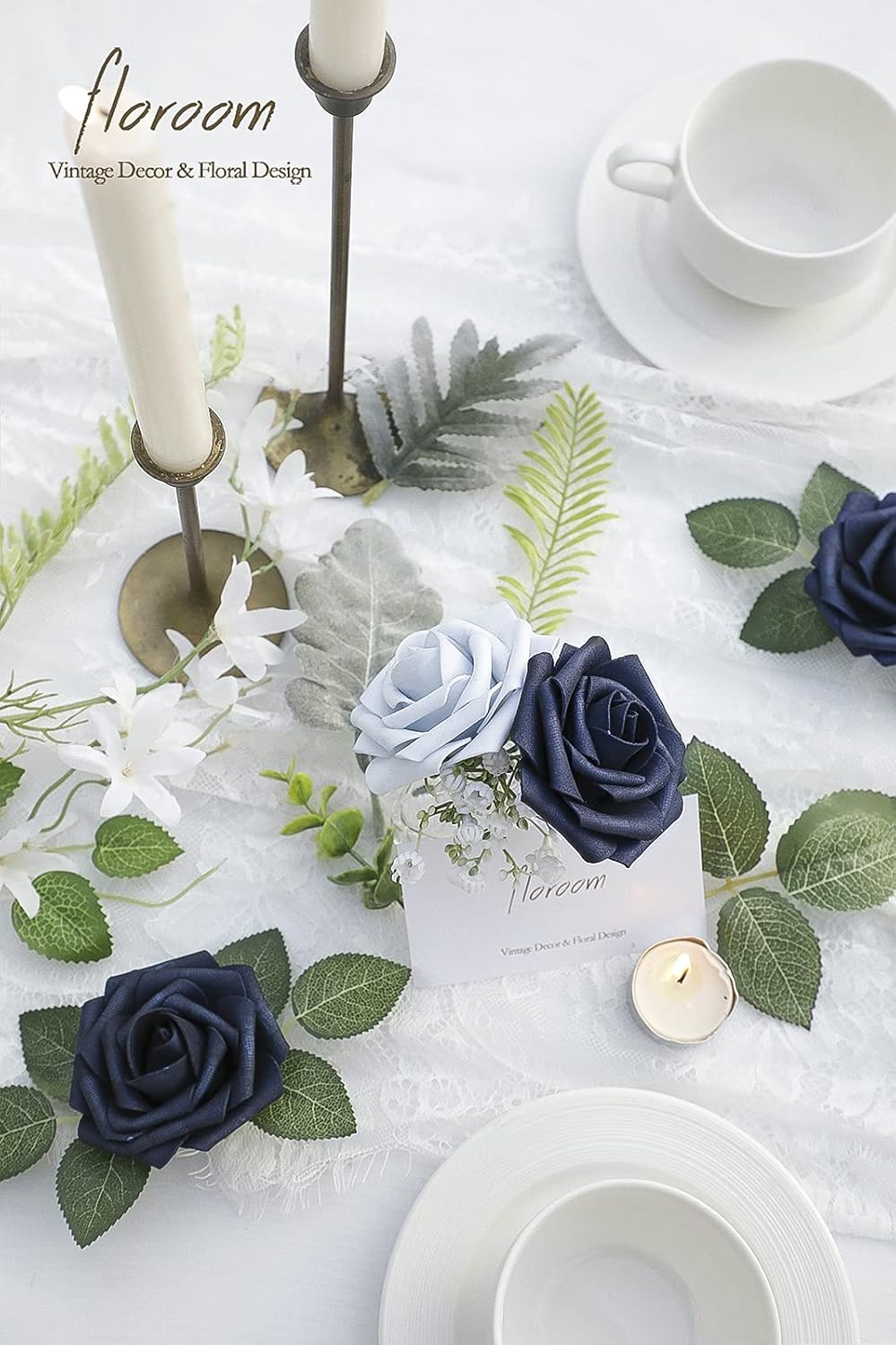 Floroom Artificial Flowers 50pcs Real Looking Navy Blue Foam Fake Roses with Stems for DIY Wedding