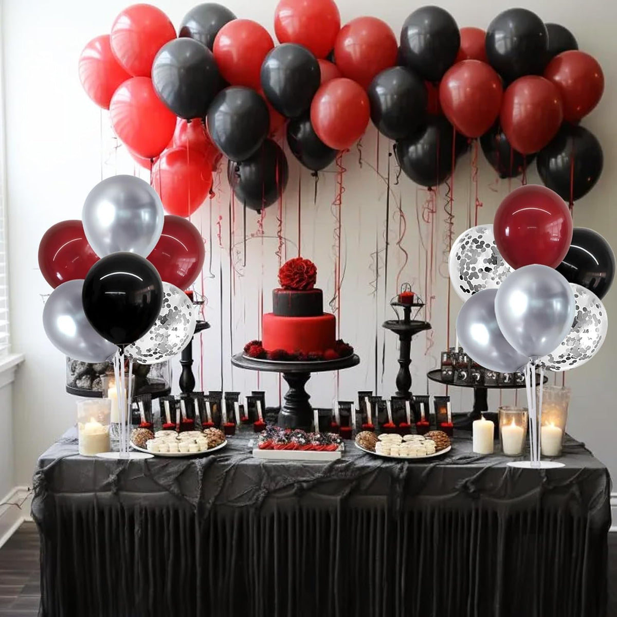TONIFUL 4 Set Burgundy Red Black Silver Balloon Stand Centerpiece Table Decorations for Graduation