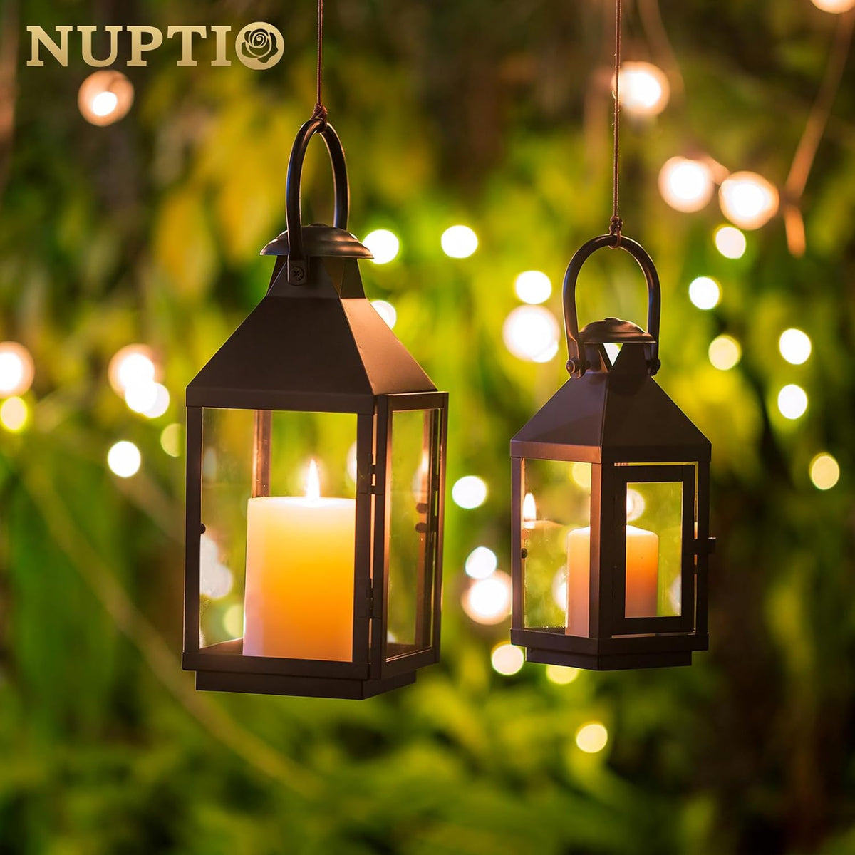 Nuptio Garden Lanterns for Pillar Candles Tall Vintage Style Metal Candle Holder Halloween Hanging