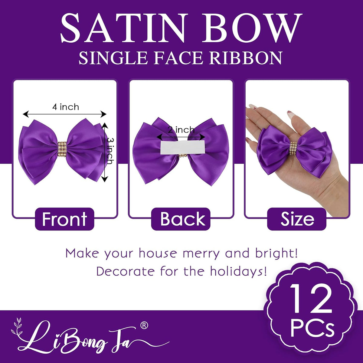 Purple Ribbon Bow 4'' Premade Satin Bow, Purple Gift Bows with Rhinestone, Wrapping Bows for