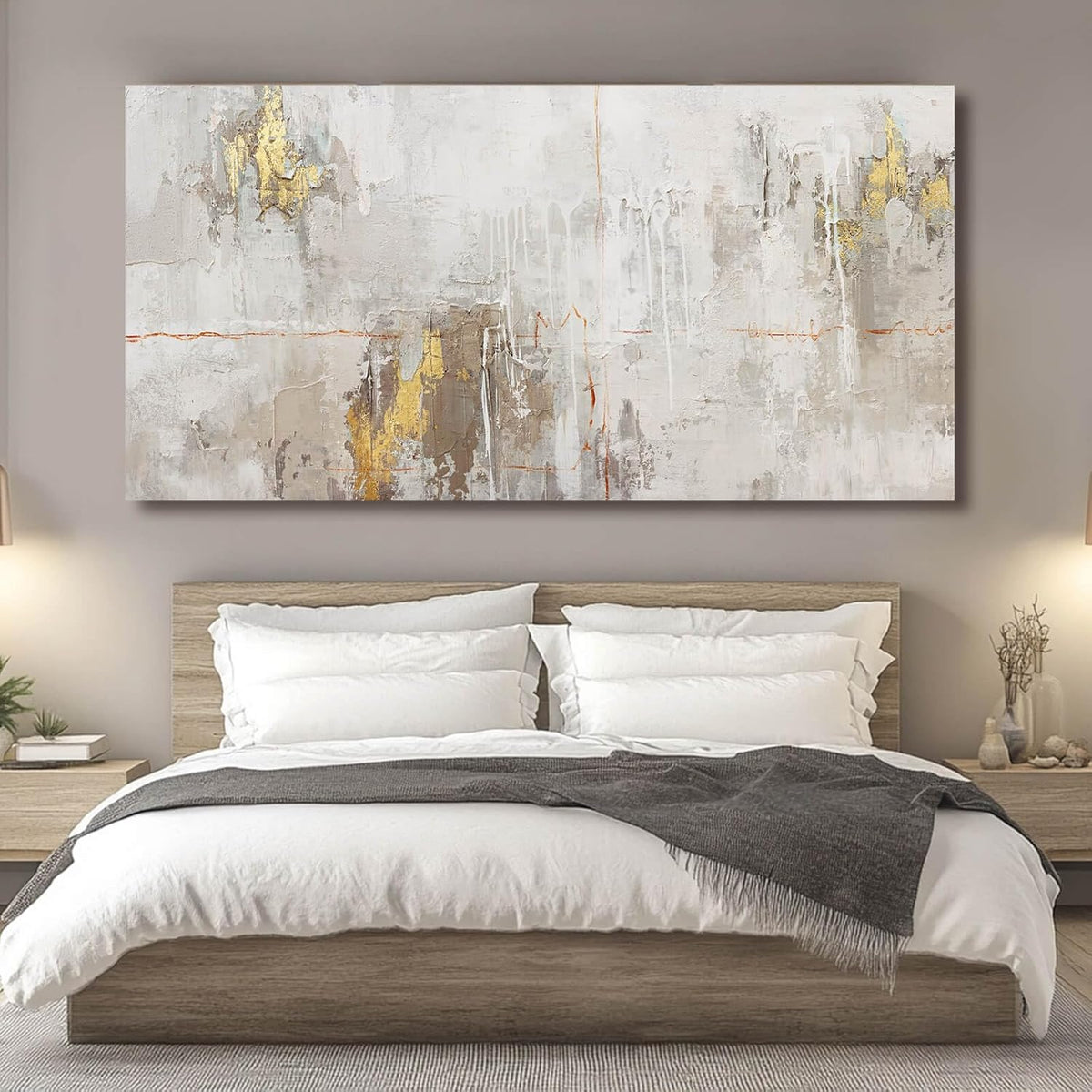 VAYIMDH Minimalist Wall Decor White with Gold Canvas Wall Art Grunge Posters Modern Abstract