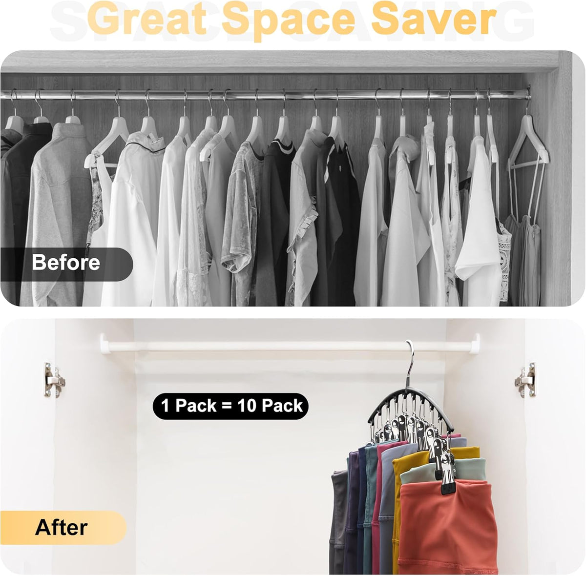 Legging Organizer for Closet, Metal Yoga Pants Hangers 1 Pack w/10 Clips Holds 10 Leggings, Space