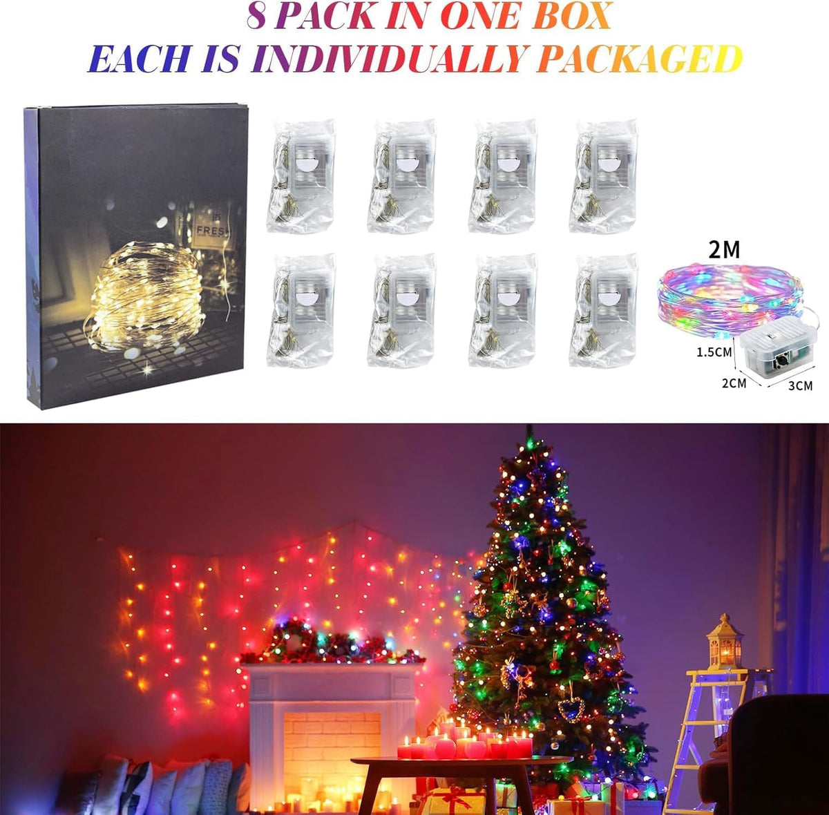 ZGWJ 8 Pack Fairy Lights Battery Operated, 7ft 20 Mini LED Fairy String Lights Silver Wire 3 Modes