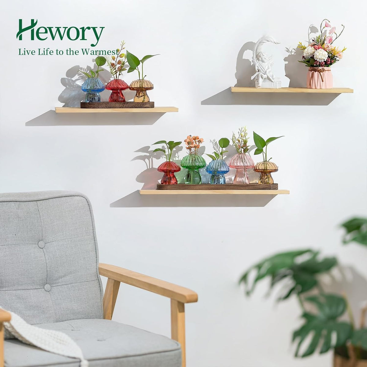 Glass Propagation Station for Plant: Mushroom Planter with Wooden Stand for Home Office Decor