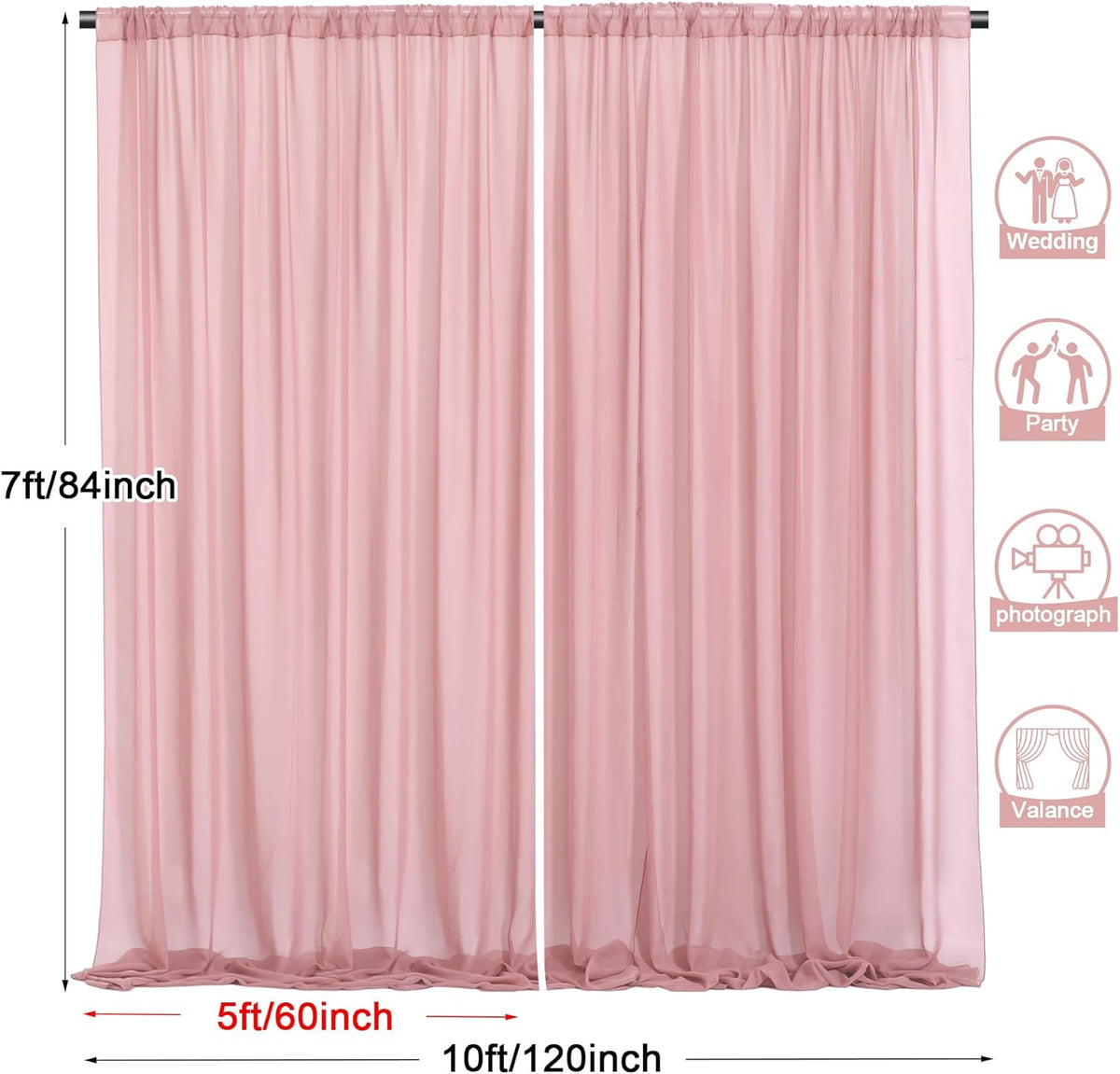 PARTISKY 10x7ft Dusty Rose Chiffon Backdrop Curtains, Wrinkle-Free Sheer Fabric Photo Drapes for