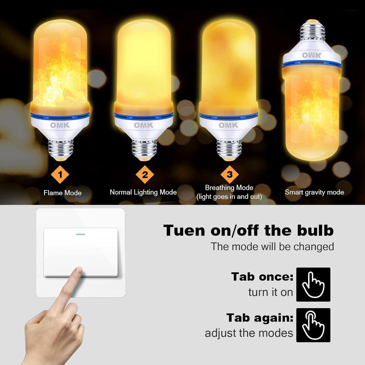 OMK 4 Pack Flickering Light Bulbs - Sunlight LED Flame Effect Light Bulbs with 4 Modes for