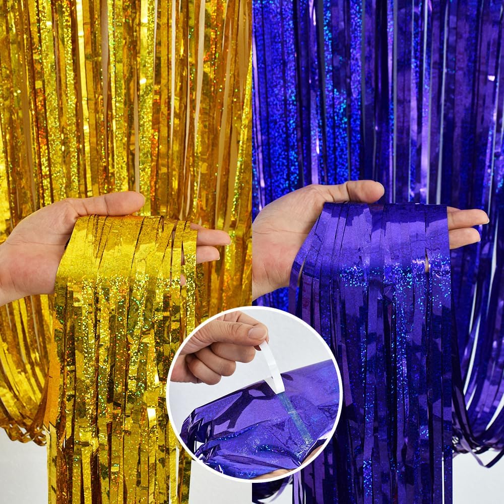 BEISHIDA 4 Pcs Blue and Gold Party Streamers Fringe Foil Curtain Backdrop Tinsel Background Party