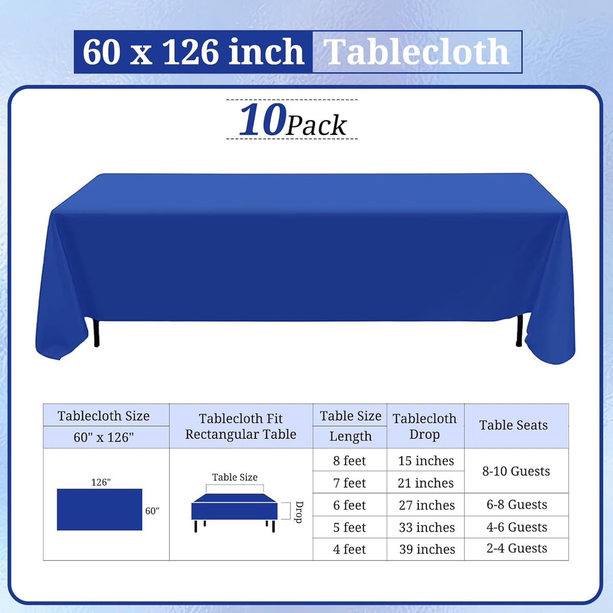 10 Pack Royal Blue Tablecloth 60 x 126 Inch Polyester Table Cloth for 8 Ft Rectangle Tables, Stain