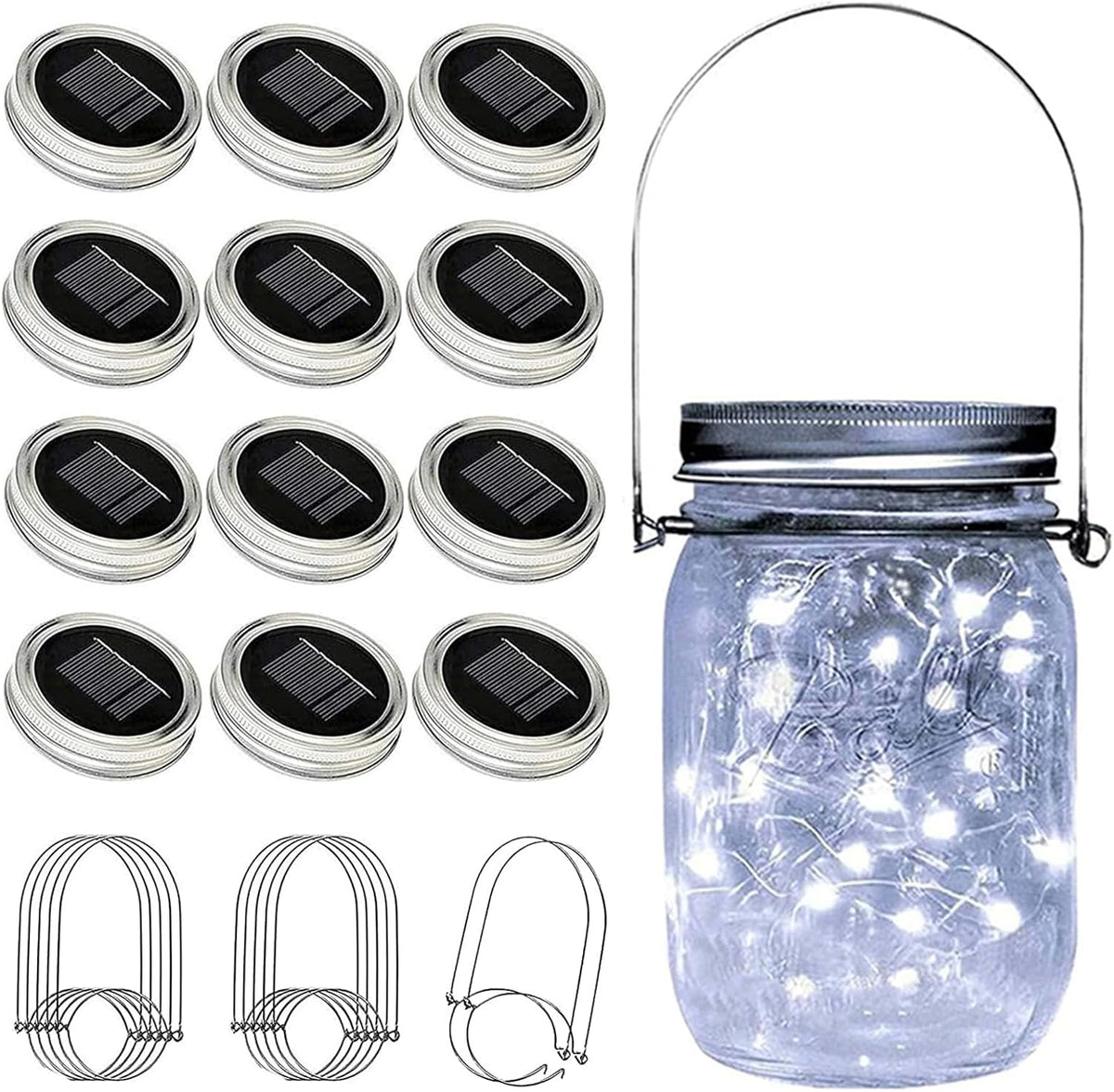 VOOKRY 12 Pack Solar Mason Jar Lights, 30 LED Mason Jar Lids Waterproof Firefly Fairy String Lights