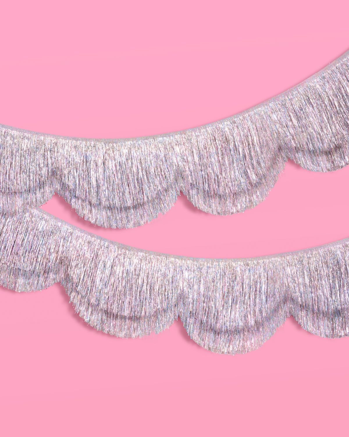xo, Fetti Silver Iridescent Scalloped Fringe Banner - 6 Ft. | Bachelorette Party Decorations